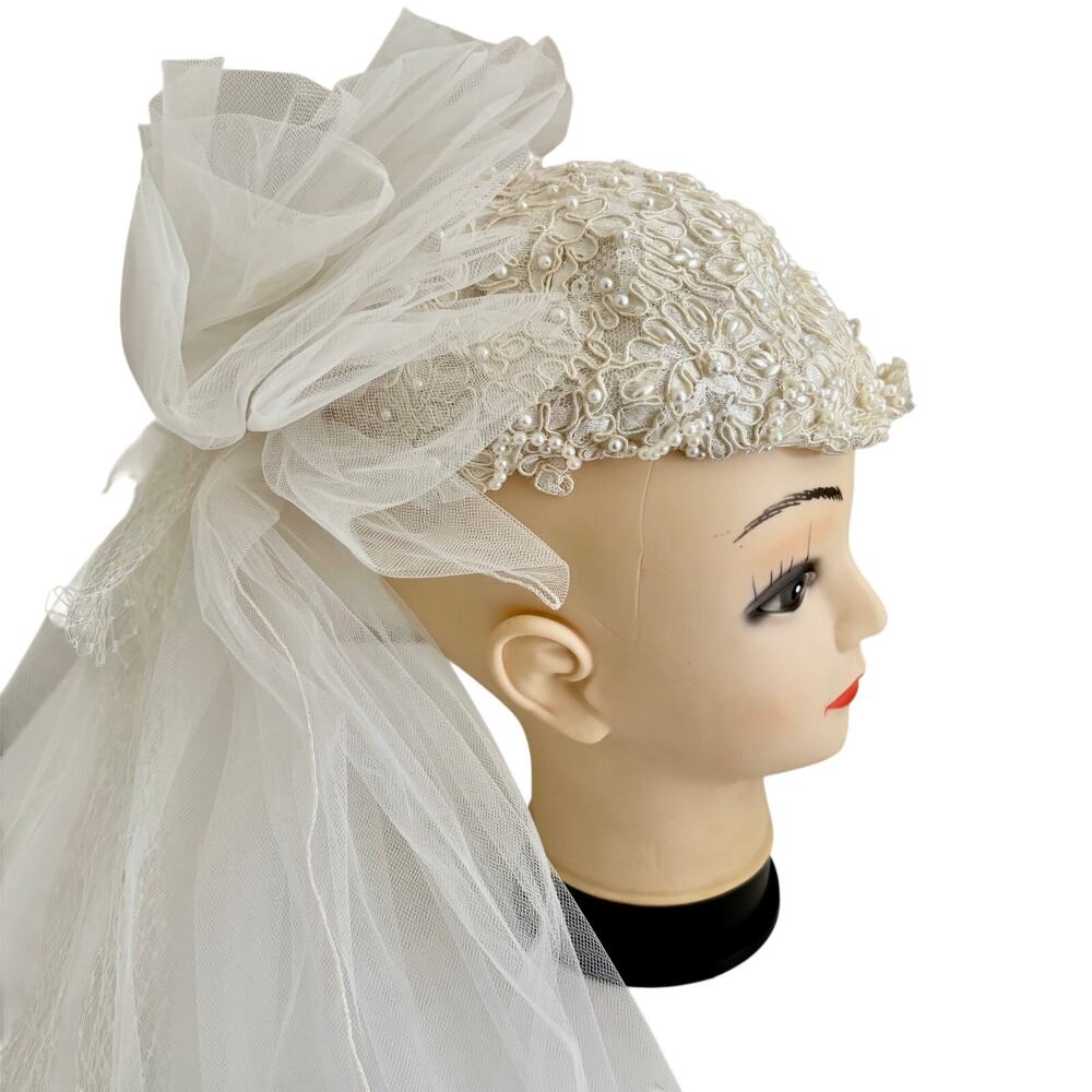 Vintage Faux Pearl Beaded Bridal Wedding Veil Juliet Cap Lace Tulle Bow Romantic